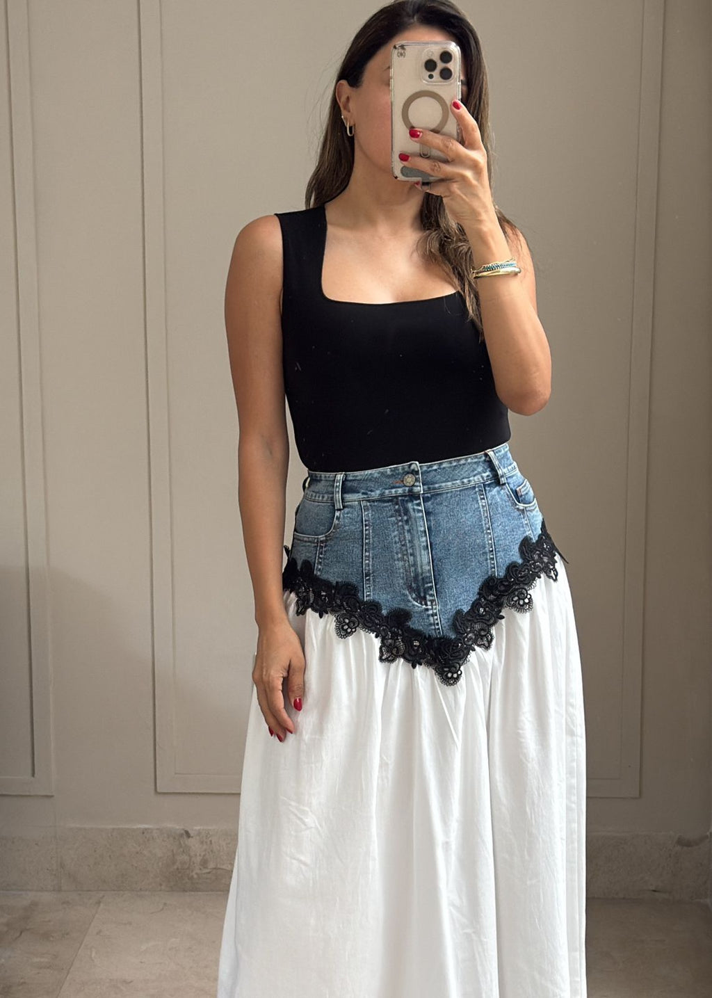 Denim Lace Maxi Skirt