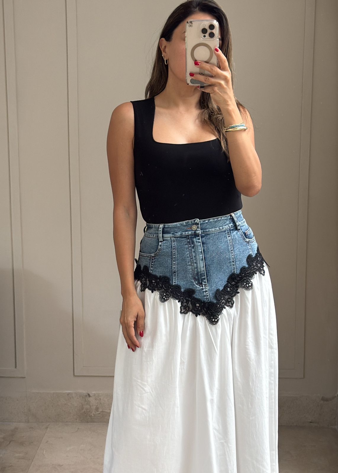 Denim Lace Maxi Skirt